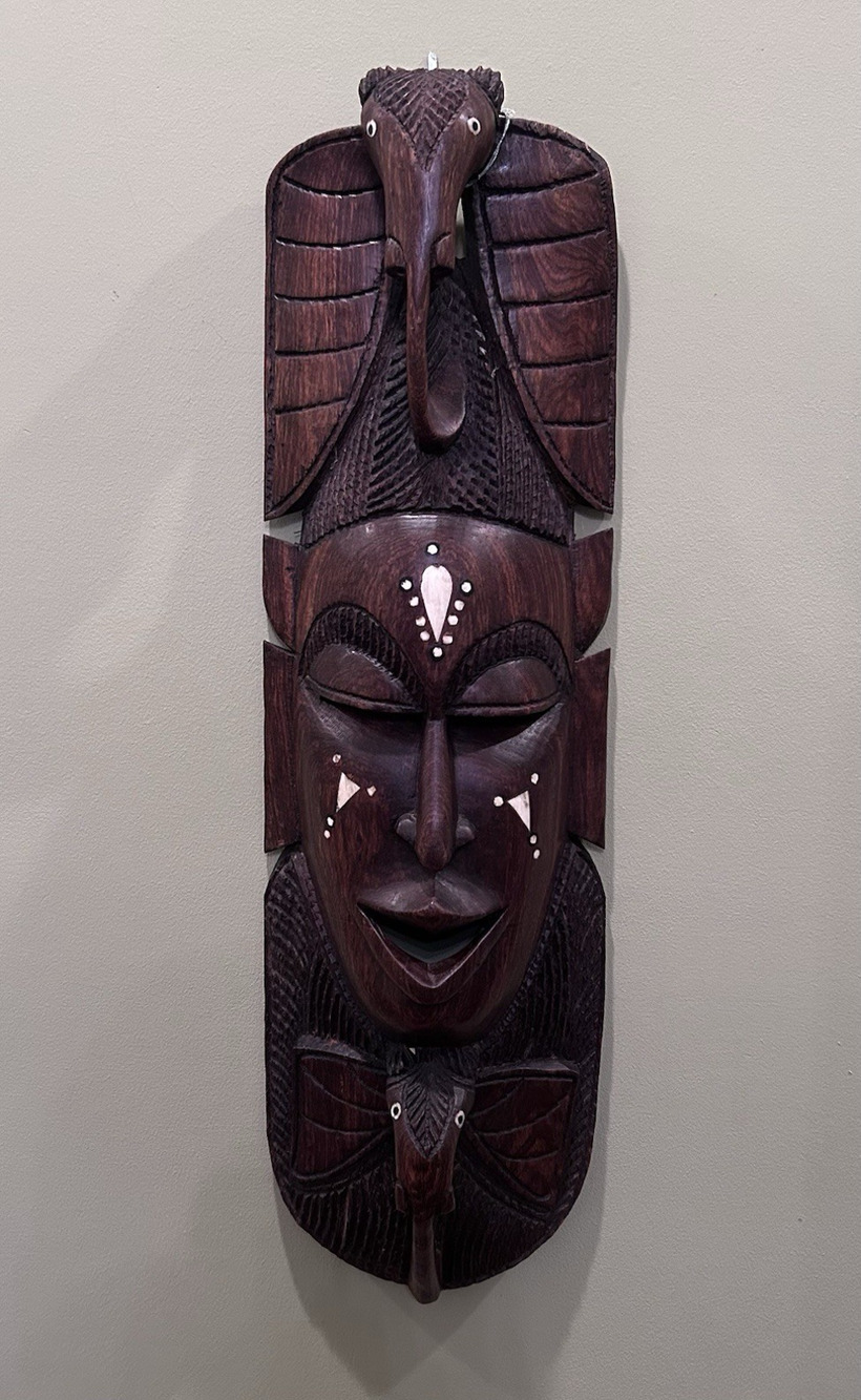 African Wooden Mask, Vintage Hand Carved Brown Wall Hanging Home Decor 28" x 8½"